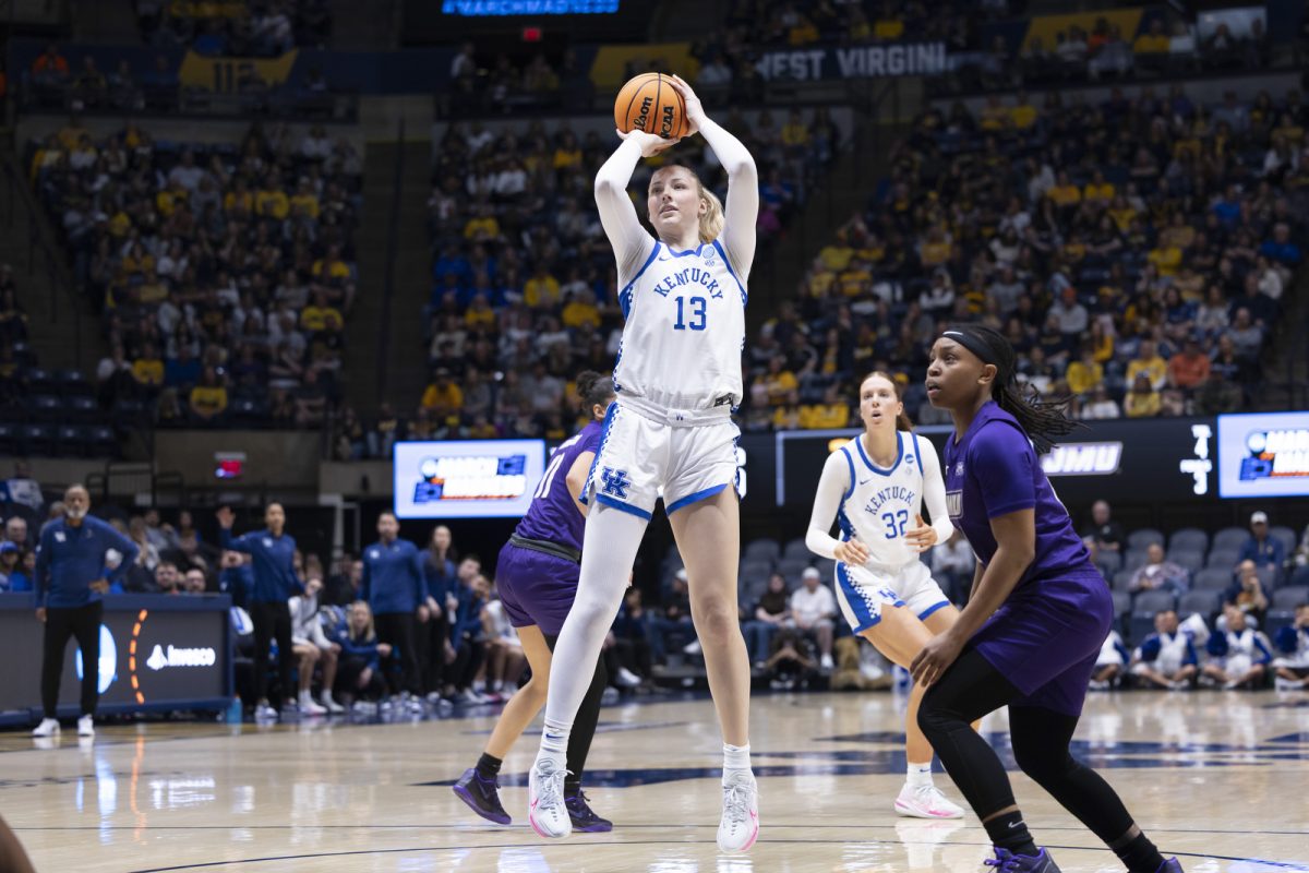 Kentucky center Clara Strack shoots the ball during the NCAA women’s basketball tournament game against James Madison on Saturday, March 21, 2026, at Hope Coliseum in Morgantown, W.Va. Photo by Kate Bonafede | Kentucky Kernel