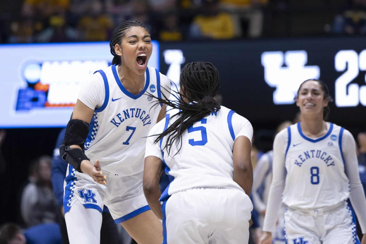 Kentucky forward Teonni Key reacts to Kentucky guard Tonie Morgan scoring during the NCAA women’s basketball tournament game against James Madison on Saturday, March 21, 2026, at Hope Coliseum in Morgantown, W.Va. Photo by Kate Bonafede | Kentucky Kernel
