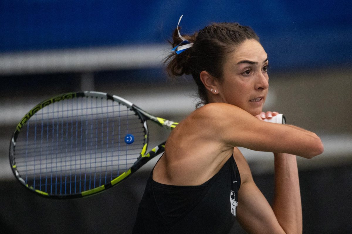 Kentucky tennis player Zoe Hammond backhands the ball during the women's tennis match against Missouri on Friday, March 27, 2026, in the Hilary J. Boone Center in Lexington, Ky. Photo by Jack Bates | Kentucky Kernel
