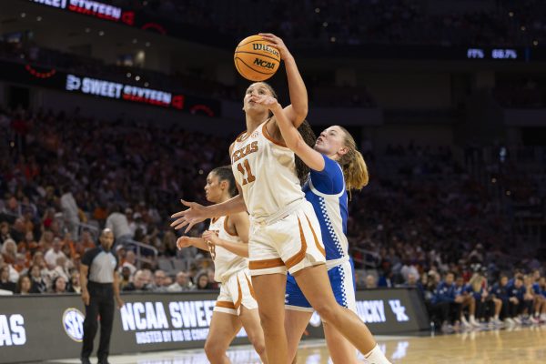 Texas forward Justice Carlton rebounds the ball during the NCAA women’s basketball tournament game against Kentucky on Saturday, March 28, 2026, at Dickies Arena in Fort Worth, Texas. Photo by Kate Bonafede | Kentucky Kernel