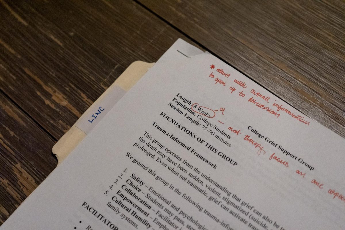 A paper describing the Loss Inspiring New Connections program sits on a table on Tuesday, March 3, 2026, at the Christian Student Fellowship at the University of Kentucky in Lexington, Ky. Photo by Xavier Patterson | Kentucky Kernel
