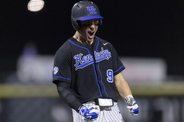Kentucky infielder Ethan Hindle cheers during the baseball game against The Citadel on Friday, March 6, 2026, at Kentucky Proud Park in Lexington, Ky. Kentucky won 10-5. Photo by Vincenzo Ciaramitaro | Kentucky Kernel