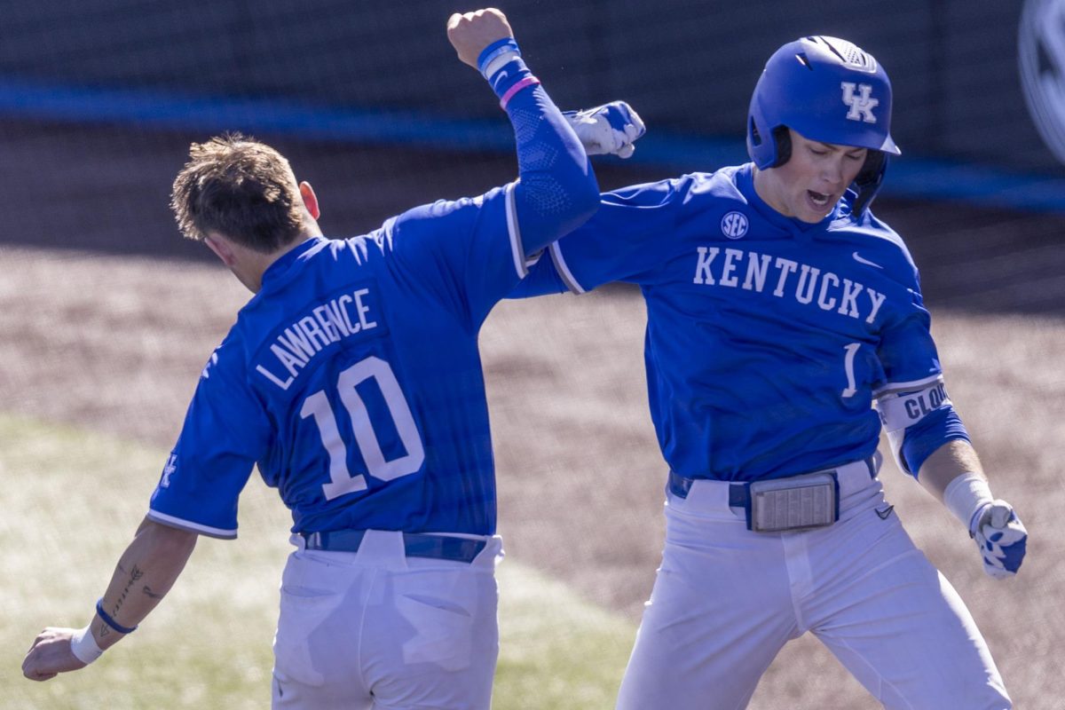 Kentucky infielder Luke Lawrence, left, and Kentucky infielder Caeden Cloud celebrate during the baseball game against The Citadel on Sunday, March 8, 2026, at Kentucky Proud Park in Lexington, Ky. Kentucky won 13-5. Photo by Vincenzo Ciaramitaro | Kentucky Kernel