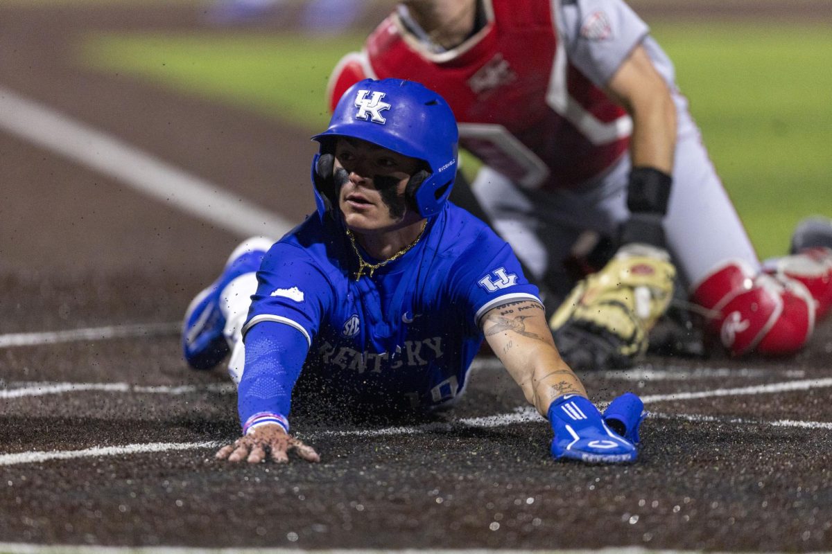 Kentucky infielder Luke Lawrence slides to home plate during the baseball game against Ball State on Tuesday, March 10, 2026, at Kentucky Proud Park in Lexington, Ky. Kentucky won 10-3. Photo by Vincenzo Ciaramitaro | Kentucky Kernel