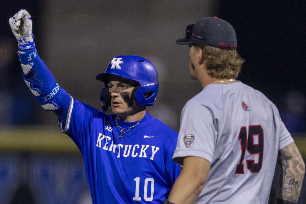 Kentucky infielder Luke Lawrence celebrates during the baseball game against Ball State on Tuesday, March 10, 2026, at Kentucky Proud Park in Lexington, Ky. Kentucky won 10-3. Photo by Vincenzo Ciaramitaro | Kentucky Kernel