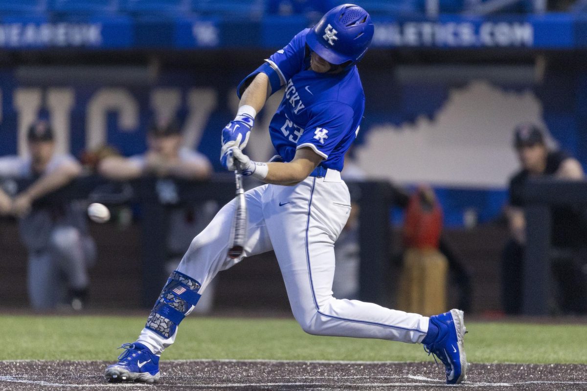 Kentucky infielder Hudson Brown hits the ball during the baseball game against Ball State on Tuesday, March 10, 2026, at Kentucky Proud Park in Lexington, Ky. Kentucky won 10-3. Photo by Vincenzo Ciaramitaro | Kentucky Kernel