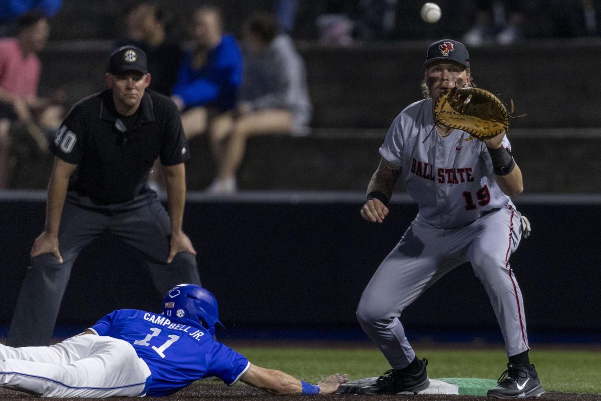 Kentucky outfielder Scott Campbell dives to first base during the baseball game against Ball State on Tuesday, March 10, 2026, at Kentucky Proud Park in Lexington, Ky. Kentucky won 10-3. Photo by Vincenzo Ciaramitaro | Kentucky Kernel