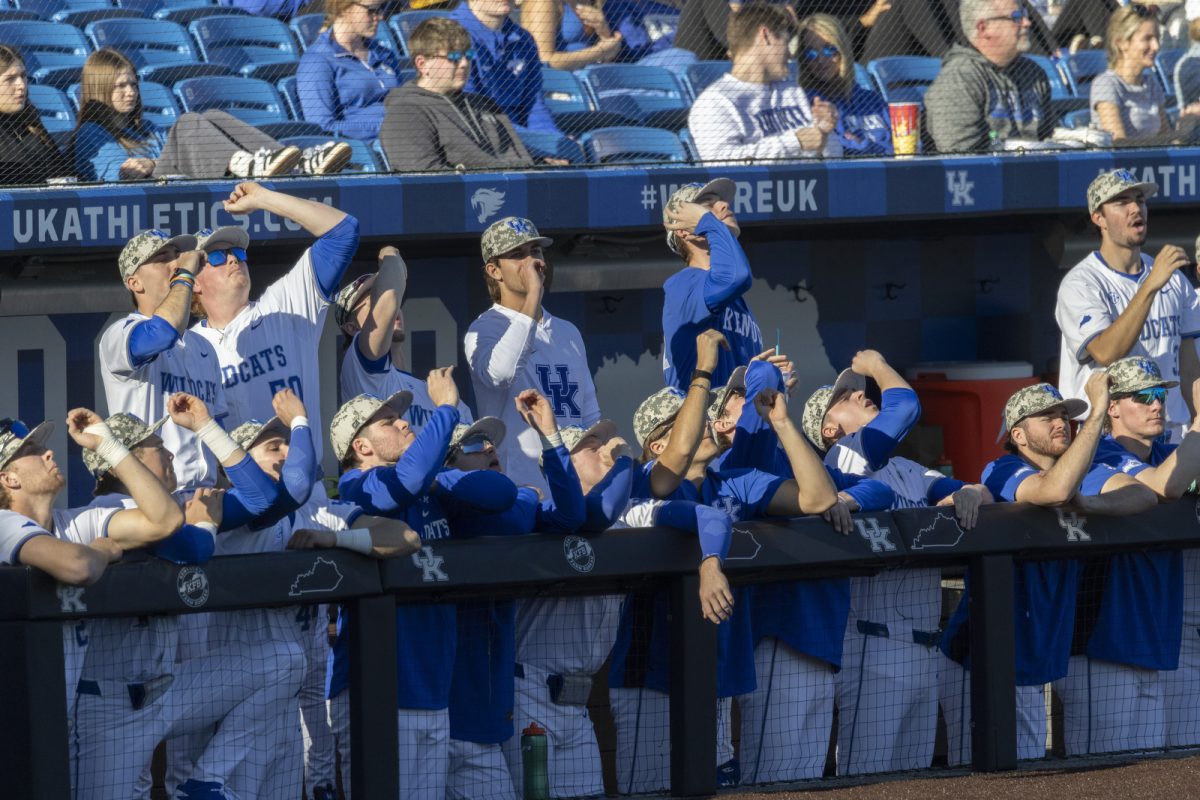 Kentucky dugout celebrates during the baseball game against St. John’s on Friday, Feb. 27, 2026, at Kentucky Proud Park in Lexington, Ky. Kentucky won 3-1. Photo by Kate Bonafede | Kentucky Kernel