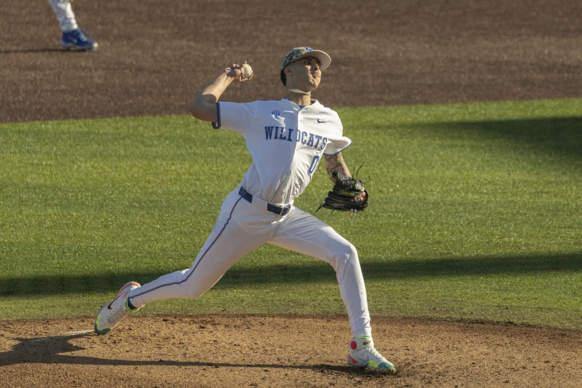 Kentucky pitcher Jaxon Jelkin pitches during the baseball game against St. John’s on Friday, Feb. 27, 2026, at Kentucky Proud Park in Lexington, Ky. Kentucky won 3-1. Photo by Kate Bonafede | Kentucky Kernel