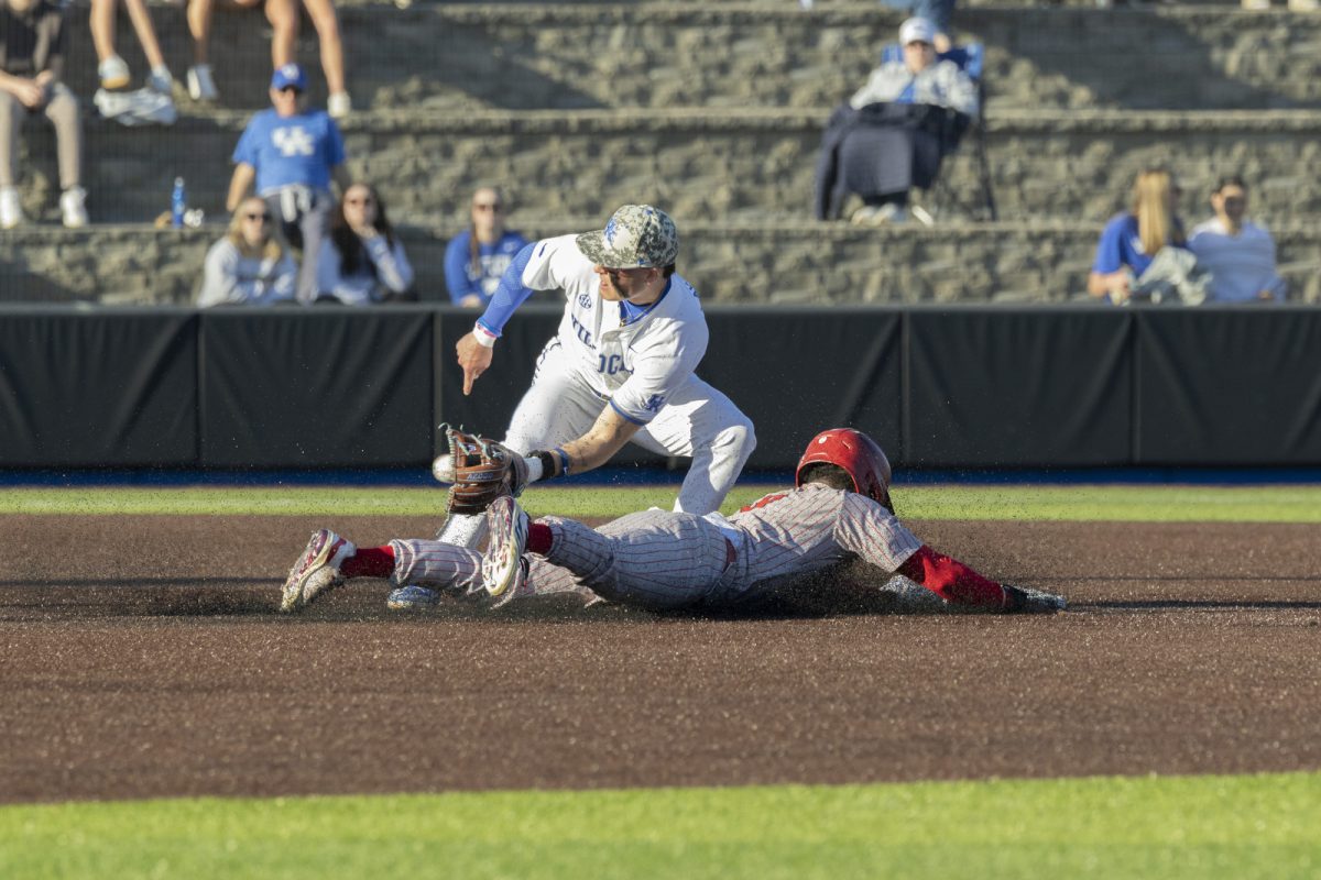St. John’s outfielder Jon LeGrande steals second base during the baseball game against Kentucky on Friday, Feb. 27, 2026, at Kentucky Proud Park in Lexington, Ky. Kentucky won 3-1. Photo by Kate Bonafede | Kentucky Kernel