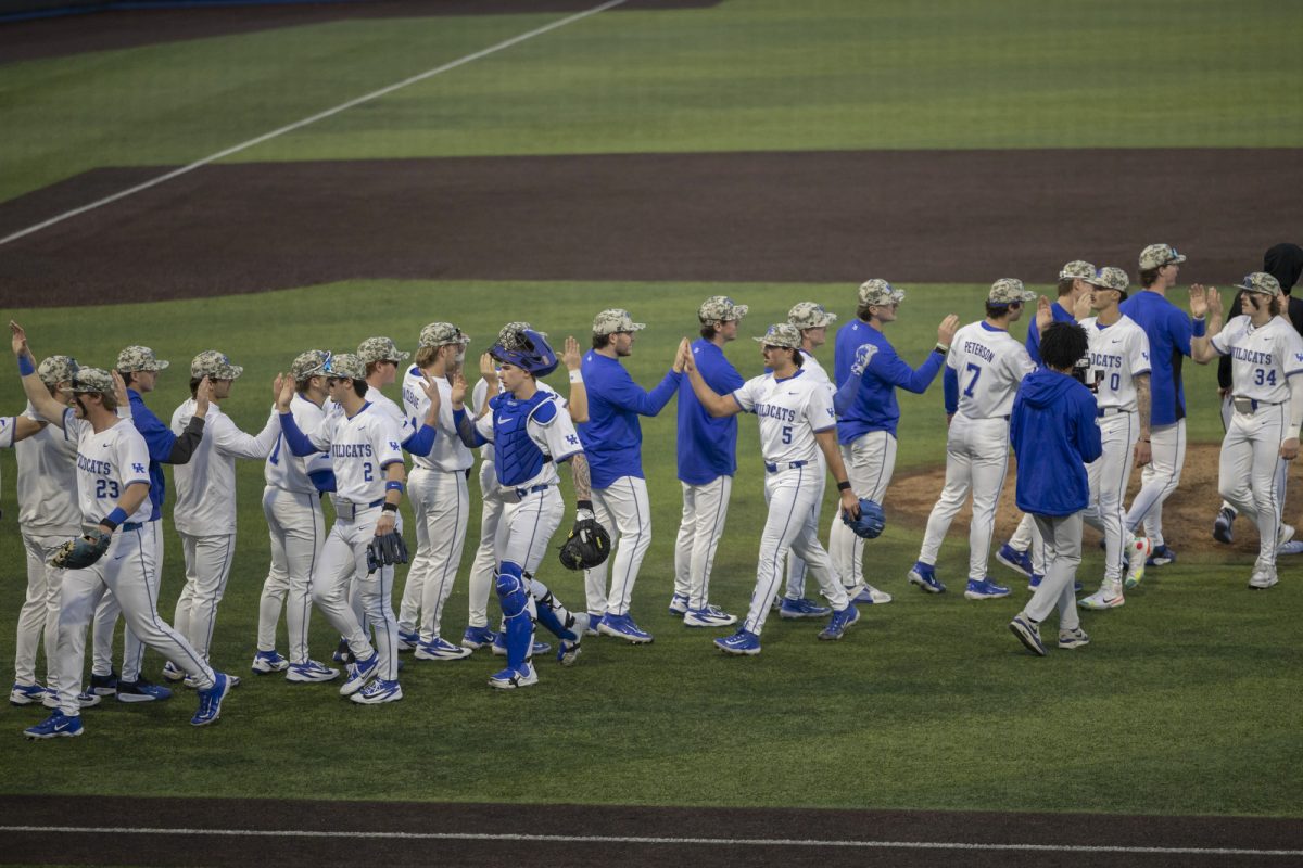 Kentucky players celebrate after the baseball game against St. John’s on Friday, Feb. 27, 2026, at Kentucky Proud Park in Lexington, Ky. Kentucky won 3-1. Photo by Kate Bonafede | Kentucky Kernel