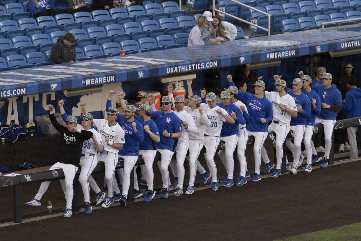 Kentucky dugout dances during the baseball game against St. John’s on Friday, Feb. 27, 2026, at Kentucky Proud Park in Lexington, Ky. Kentucky won 3-1. Photo by Kate Bonafede | Kentucky Kernel
