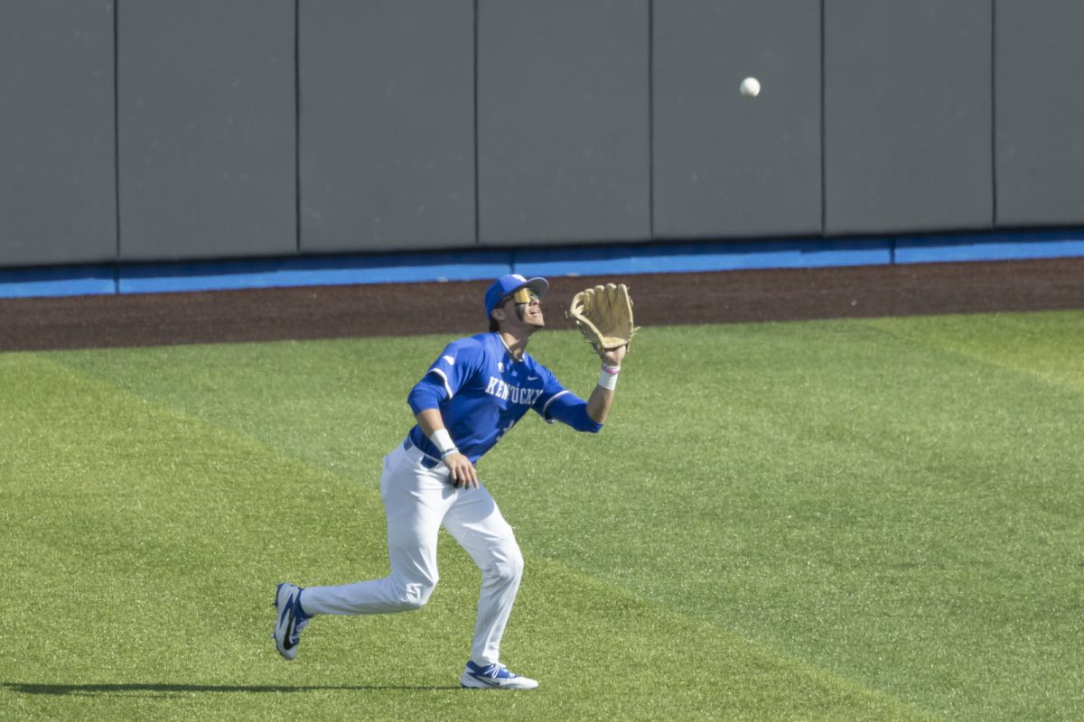 Kentucky outfielder Will Marcy catches a fly ball during the baseball game against St. John’s on Saturday, Feb. 28, 2026, at Kentucky Proud Park in Lexington, Ky. Kentucky won 3-0. Photo by Kate Bonafede | Kentucky Kernel