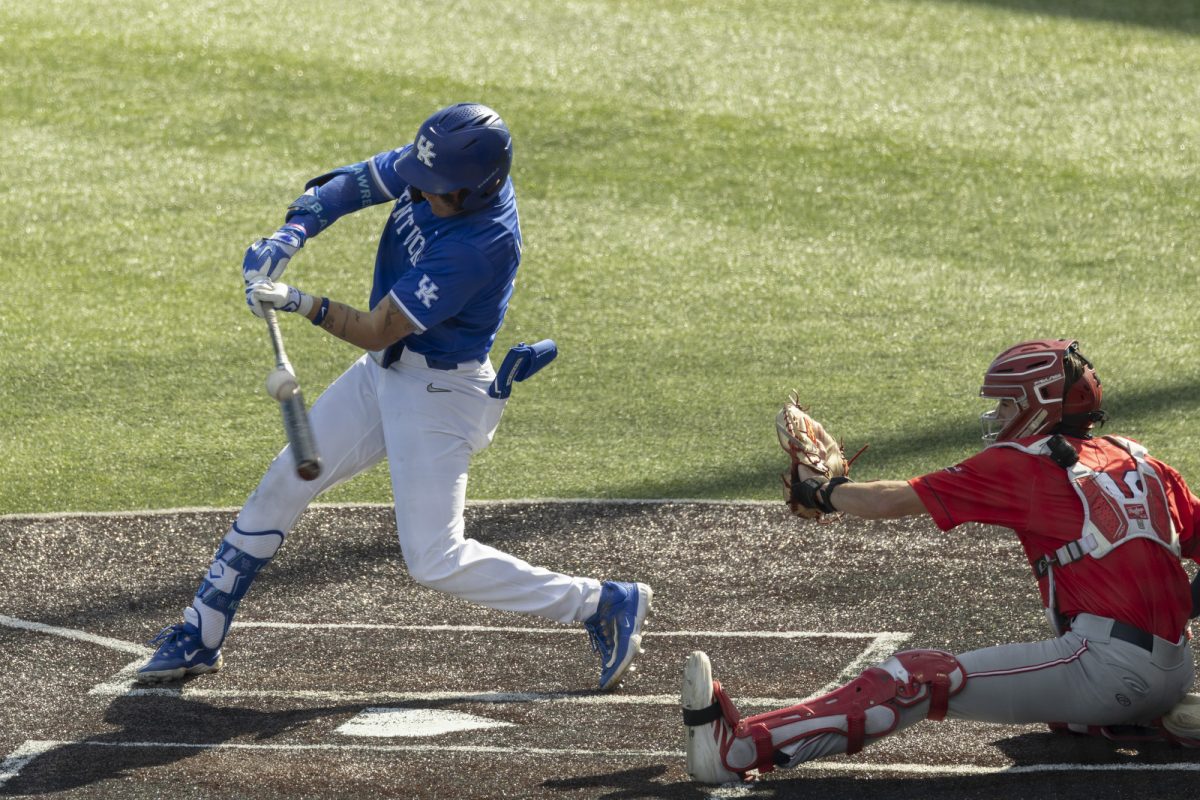 Kentucky infielder Luke Lawrence hits the ball during the baseball game against St. John’s on Saturday, Feb. 28, 2026, at Kentucky Proud Park in Lexington, Ky. Kentucky won 3-0. Photo by Kate Bonafede | Kentucky Kernel