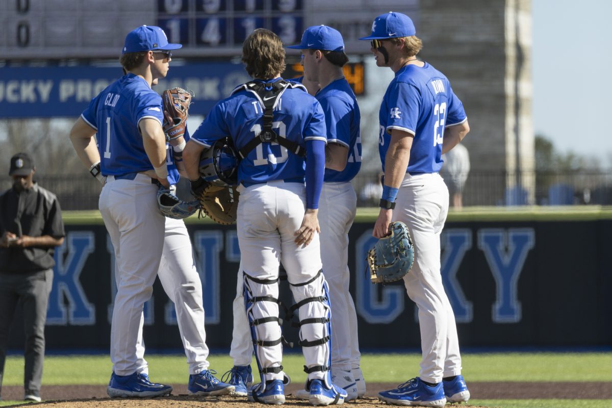 Kentucky players talk on the pitchers mound during the baseball game against St. John’s on Saturday, Feb. 28, 2026, at Kentucky Proud Park in Lexington, Ky. Kentucky won 3-0. Photo by Kate Bonafede | Kentucky Kernel