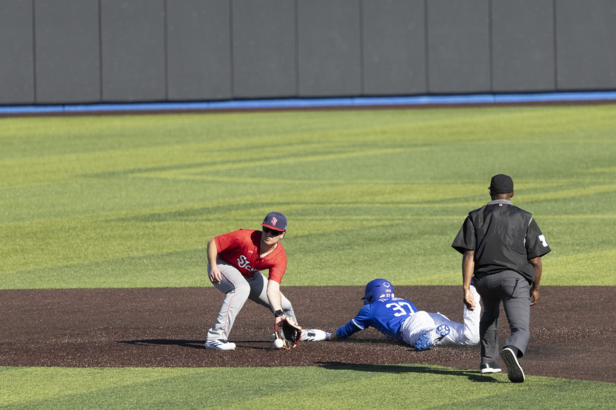Kentucky outfielder Jayce Tharnish slides to second base during the baseball game against St. John’s on Saturday, Feb. 28, 2026, at Kentucky Proud Park in Lexington, Ky. Kentucky won 3-0. Photo by Kate Bonafede | Kentucky Kernel