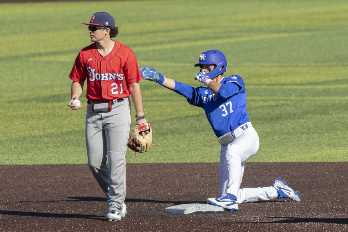 Kentucky outfielder Jayce Tharnish celebrates sliding to second base during the baseball game against St. John’s on Saturday, Feb. 28, 2026, at Kentucky Proud Park in Lexington, Ky. Kentucky won 3-0. Photo by Kate Bonafede | Kentucky Kernel