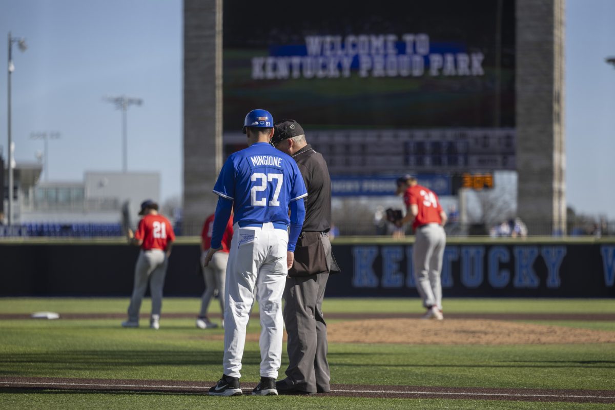 Kentucky head coach Nick Mingione talks to the umpire during the baseball game against St. John’s on Saturday, Feb. 28, 2026, at Kentucky Proud Park in Lexington, Ky. Kentucky won 3-0. Photo by Kate Bonafede | Kentucky Kernel