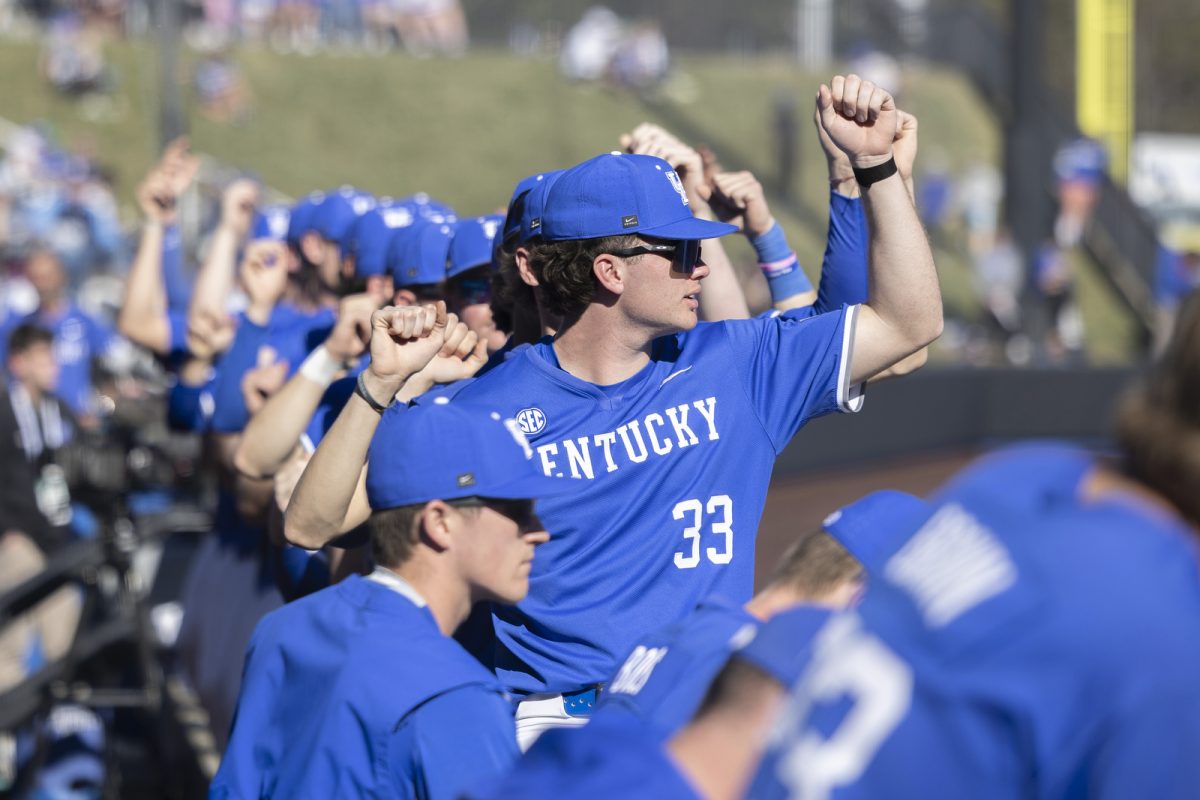 Kentucky dugout dances during the baseball game against St. John’s on Saturday, Feb. 28, 2026, at Kentucky Proud Park in Lexington, Ky. Kentucky won 3-0. Photo by Kate Bonafede | Kentucky Kernel