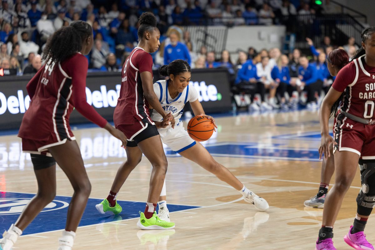 Kentucky forward Teonni Key attempts to get around a defender during the women’s basketball game against South Carolina on Sunday, March, 1, 2026, at Historic Memorial Coliseum in Lexington, Ky. Photo by Kate Bonafede | Kentucky Kernel