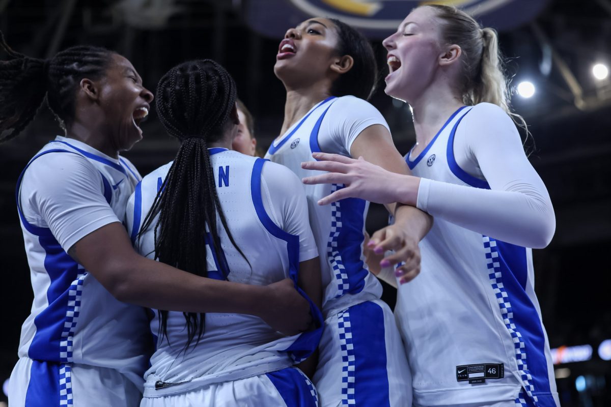 Kentucky women’s basketball team celebrates after beating Arkansas during the 2026 SEC women’s basketball tournament on Wednesday, March 4, 2026, at the Bon Secours Wellness Arena in Greenville, S.C. Kentucky won 94-64. Photo by Brooke Johnson | Kentucky Kernel