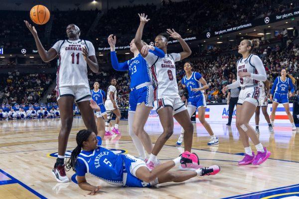 Kentucky guard Tonie Morgan falls after missing a layup during the women’s basketball game against South Carolina at the 2026 SEC Women’s Basketball Tournament on Friday, March 6, 2026, at the Bon Secours Wellness Arena in Greenville, S.C. Photo by Brooke Johnson | Kentucky Kernel
