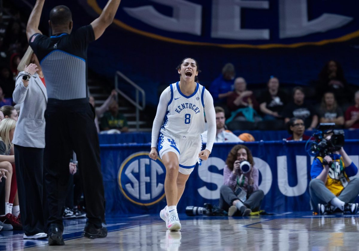 Kentucky guard Asia Boone celebrates after making a shot during the NCAA Women’s SEC Basketball Tournament on Wednesday, March 4, 2026, at the Bon Secours Wellness Arena in Greenville, S.C. Photo by Brooke Johnson | Kentucky Kernel