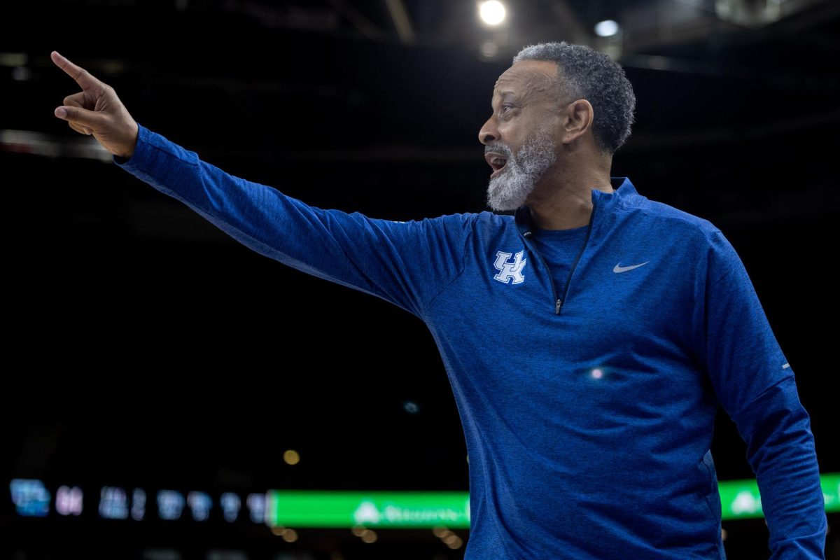 Kentucky head coach Kenny Brooks gives directions to players during the women's basketball game against Georgia in the 2026 SEC women’s basketball tournament on Thursday, March 5, 2026, at the Bon Secours Wellness Arena in Greenville, S.C. Kentucky won 76-61. Photo by Brooke Johnson | Kentucky Kernel
