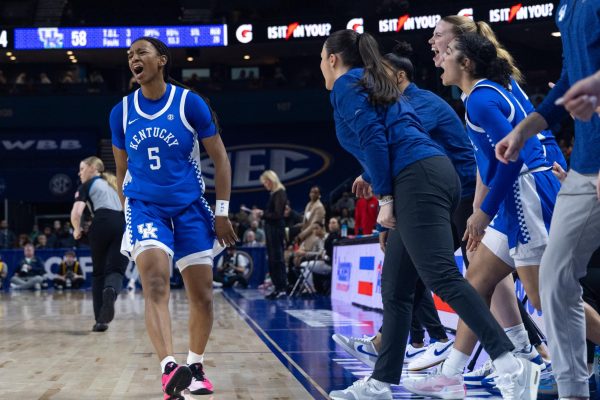 Kentucky guard Tonie Morgan celebrates after shooting a 3-pointer during the women's basketball game against Georgia in the 2026 SEC women’s basketball tournament on Thursday, March 5, 2026, at Bon Secours Wellness Arena in Greenville, S.C. Kentucky won 76-61. Photo by Brooke Johnson | Kentucky Kernel
