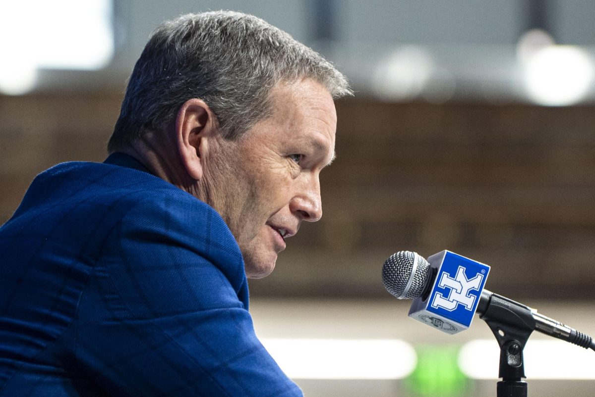 Outgoing Kentucky athletic director Mitch Barnhart delivers a speech during his retirement ceremony on Friday, March 6, 2026, at Historic Memorial Coliseum in Lexington, Ky. Photo by Will Luckett | Kentucky Kernel
