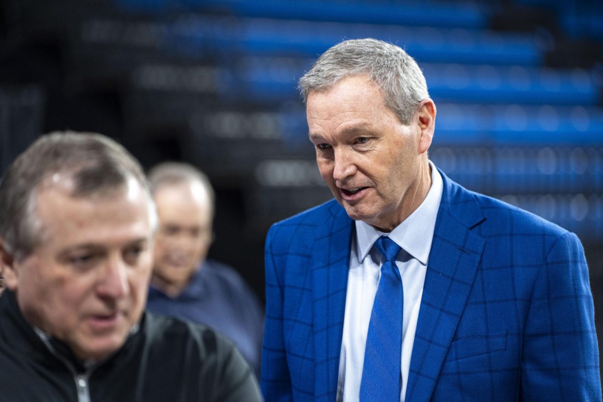 Outgoing Kentucky athletic director Mitch Barnhart speaks to attendees during his retirement ceremony on Friday, March 6, 2026, at Historic Memorial Coliseum in Lexington, Ky. Photo by Will Luckett | Kentucky Kernel
