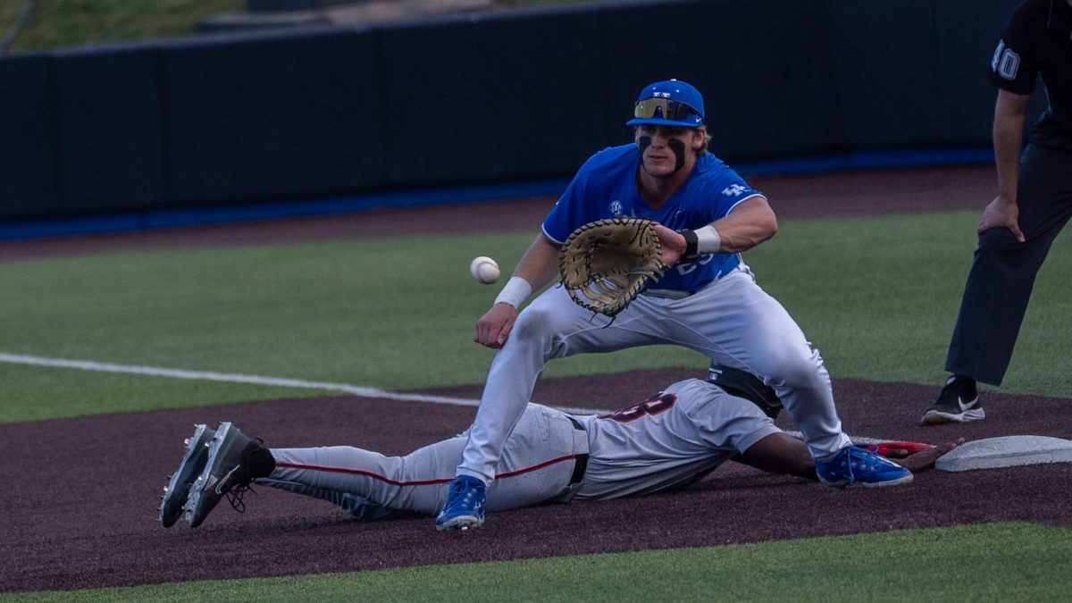 Kentucky infielder Hudson Brown attempts to catch the ball during the baseball game against Ball State on Tuesday, March 10, 2026, at Kentucky Proud Park in Lexington, Ky. Kentucky won 10-3. Photo by Xavier Patterson | Kentucky Kernel
