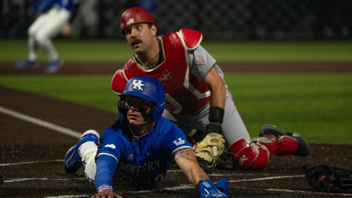 Kentucky infielder Luke Lawrence looks at an umpire during the baseball game against Ball State on Tuesday, March 10, 2026, at Kentucky Proud Park in Lexington, Ky. Kentucky won 10-3. Photo by Xavier Patterson | Kentucky Kernel