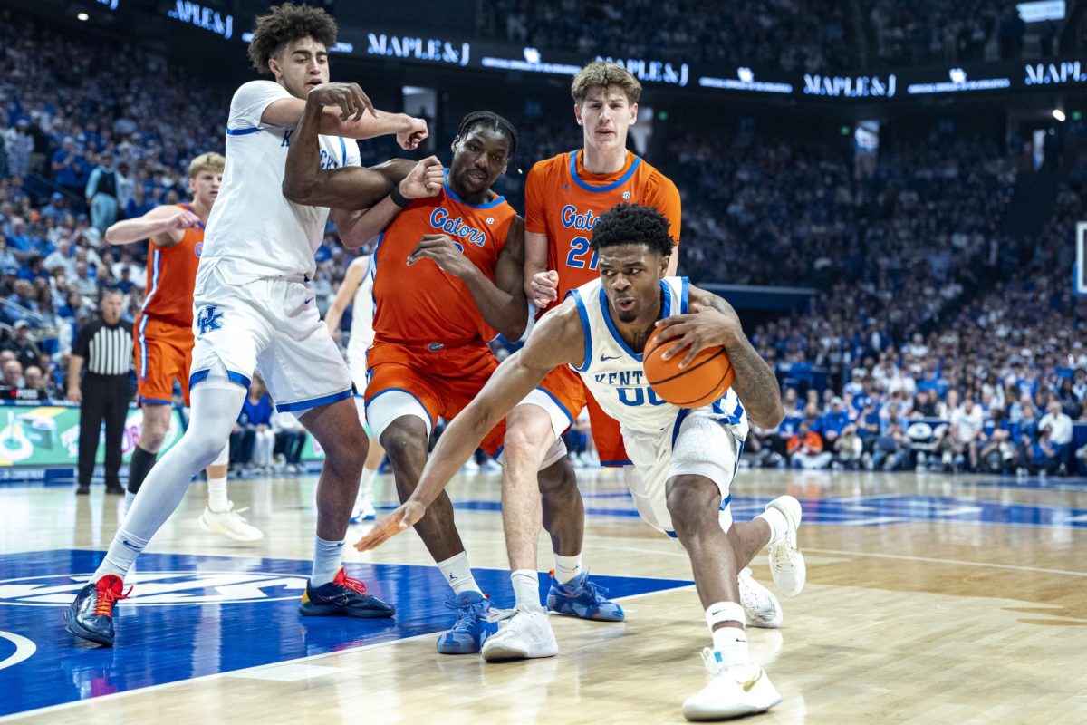 Kentucky guard Otega Oweh hits the floor while driving to the basket during the men’s basketball game against Florida on Saturday, March 7, 2026, at Rupp Arena in Lexington, Ky. Photo by Will Luckett | Kentucky Kernel
