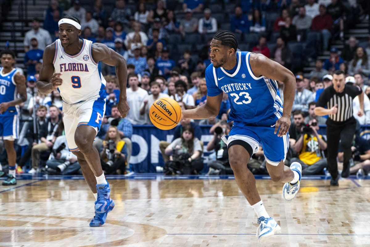 Kentucky forward Mouhamed Dioubate races across the court with the ball during the men’s basketball SEC tournament game against Florida on Friday, March 13, 2026, at Bridgestone Arena in Nashville, Tenn. Photo by Will Luckett | Kentucky Kernel
