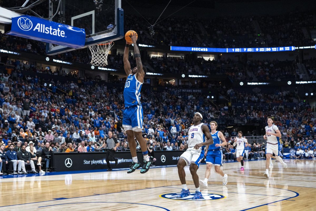 Kentucky guard Otega Oweh dunks during the men’s basketball SEC tournament game against Florida on Friday, March 13, 2026, at Bridgestone Arena in Nashville, Tenn. Photo by Will Luckett | Kentucky Kernel
