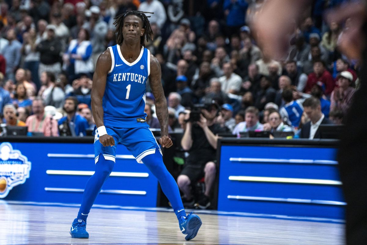 Kentucky guard Denzel Aberdeen celebrates toward the Kentucky bench during the men’s basketball SEC tournament game against Florida on Friday, March 13, 2026, at Bridgestone Arena in Nashville, Tenn. Florida won 71-63. Photo by Will Luckett | Kentucky Kernel
