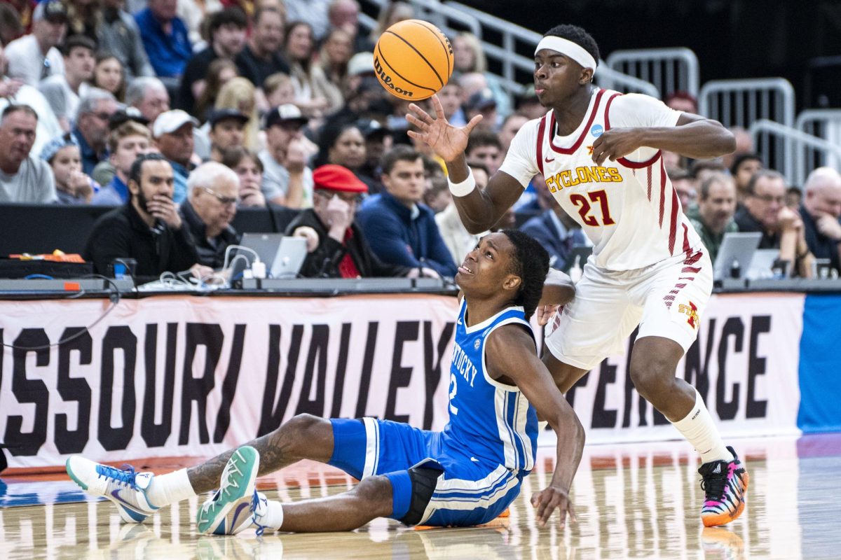 Iowa State guard Killyan Toure steals the ball as Kentucky guard Jasper Johnson falls to the floor during the NCAA men's basketball tournament game against Kentucky on Sunday, March 22, 2026, at Enterprise Center in St. Louis, Mo. Photo by Will Luckett | Kentucky Kernel
