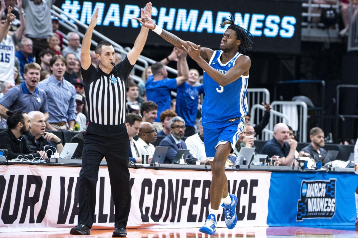 Kentucky guard Kam Williams celebrates after making a 3-pointer during the NCAA men's basketball tournament game against Iowa State on Sunday, March 22, 2026, at Enterprise Center in St. Louis, Mo. Photo by Will Luckett | Kentucky Kernel
