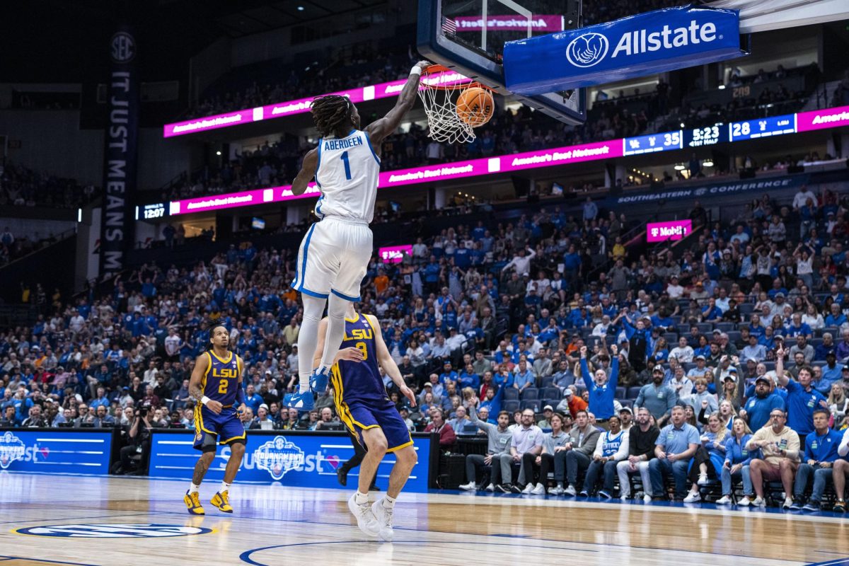 Kentucky guard Denzel Aberdeen dunks during the men’s basketball SEC tournament game against LSU on Wednesday, March 11, 2026, at Bridgestone Arena in Nashville, Tn. Photo by Will Luckett | Kentucky Kernel
