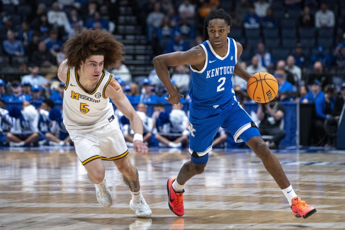 Kentucky guard Jasper Johnson drives past a defender during the men’s basketball SEC tournament game against Missouri on Thursday, March 12, 2026, at the Bridgestone Arena in Nashville, Tenn. Photo by Will Luckett | Kentucky Kernel
