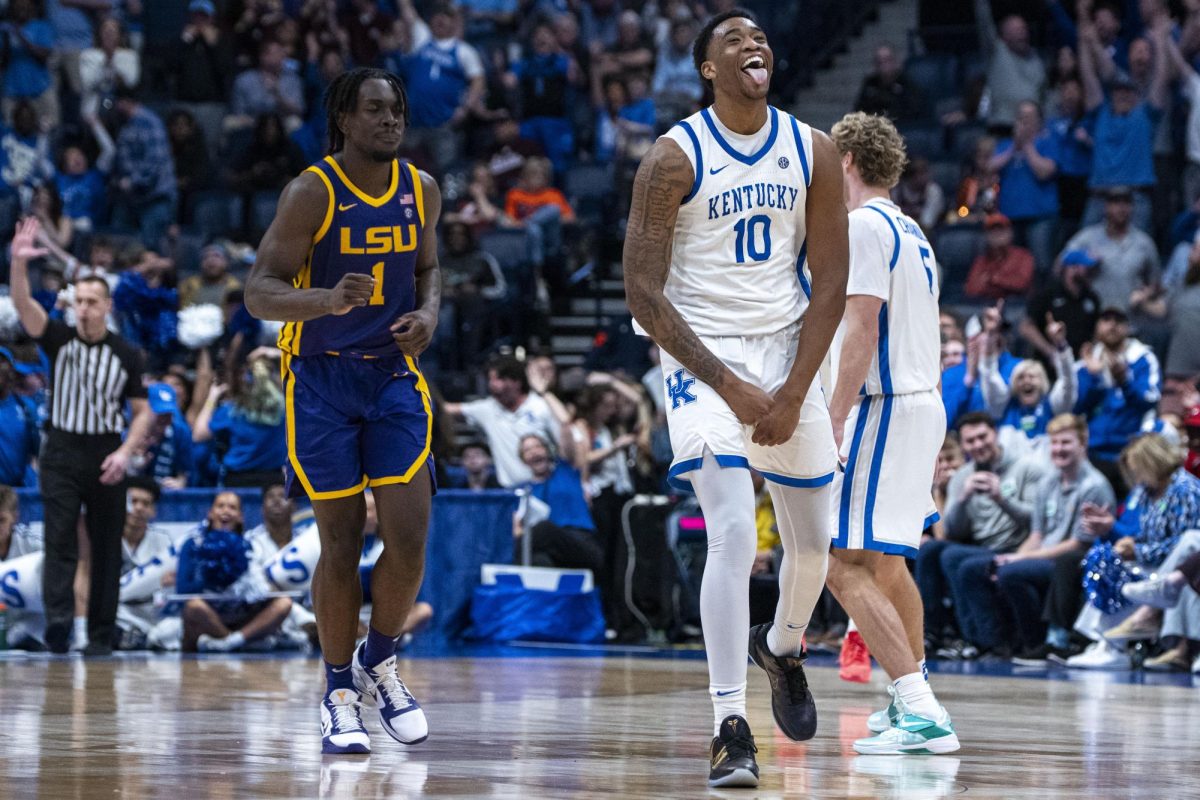Kentucky forward Brandon Garrison celebrates after making a 3-pointer during the men’s basketball SEC tournament game against LSU on Wednesday, March 11, 2026, at Bridgestone Arena in Nashville, Tn. Kentucky won 87-82. Photo by Will Luckett | Kentucky Kernel
