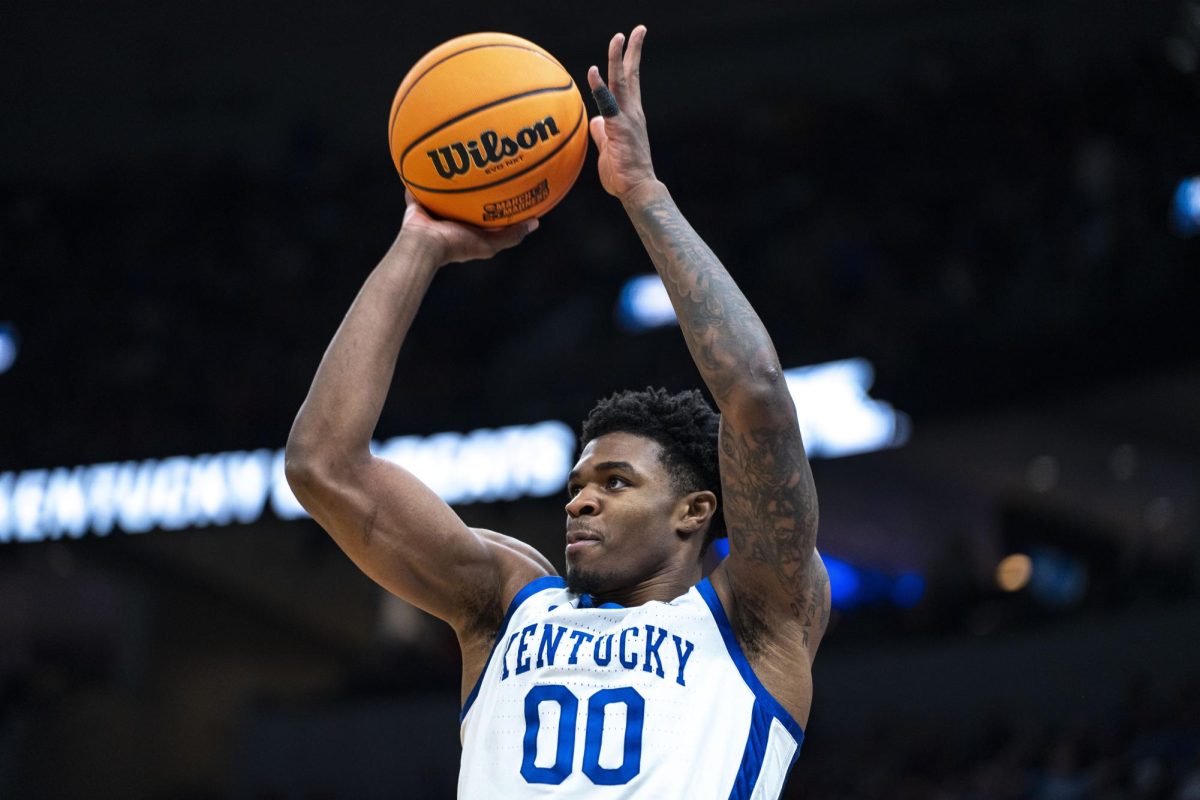 Kentucky guard Otega Oweh shoots a 3-pointer during the NCAA men's basketball tournament game against Santa Clara on Friday, March 20, 2026, at Enterprise Center in St. Louis, Mo. Kentucky won 89-84 in overtime. Photo by Will Luckett | Kentucky Kernel
