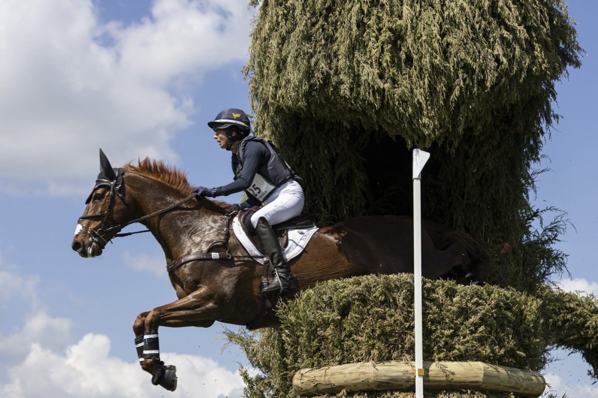 Jennie Brannigan rides Fe Lifestyle through jump sixteen during the Defender Kentucky Three-Day Event on Saturday, April 25, 2026, at the Kentucky Horse Park in Lexington, Ky. Photo by Kate Bonafede | Kentucky Kernel