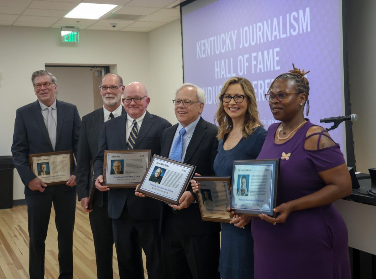 Pat McDonogh, Bill Estep, John Clay, John Winn Miller, Nancy Cox and Erica Stinson, daughter of the late Vanessa Gallman get inducted into the Journalism Hall of Fame Inductee Ceremony at Pence Hall on Thursday, April 9, 2026, in Lexington, Ky. Photo by Brooke Johnson | Kentucky Kernel
