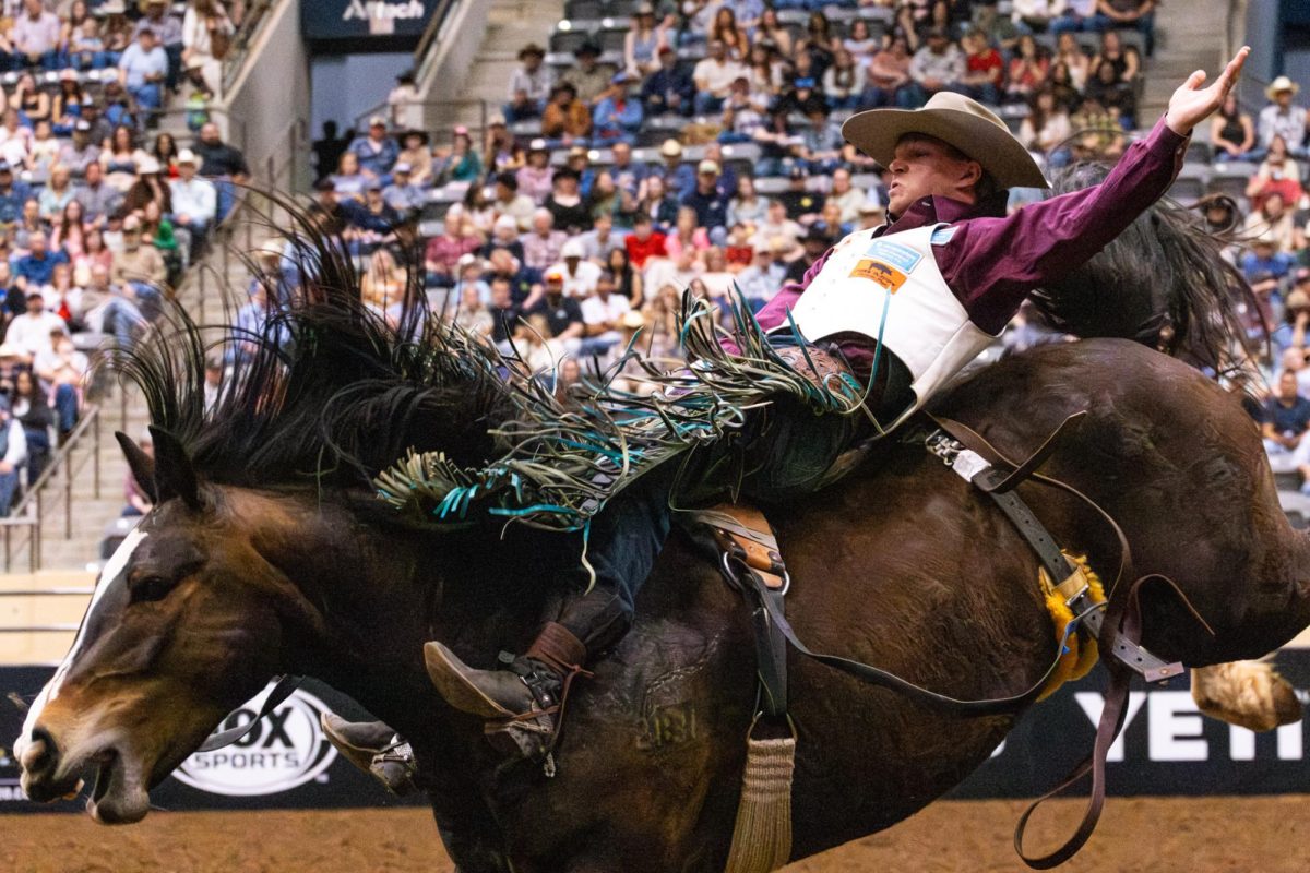 Chett Deitz rides Midnight Special in the bareback event during the American Rodeo East Regional Finals at the Alltech Arena on Saturday, April 11, 2026, in Lexington, Ky. Photo by Isabella Lindsey | Kentucky Kernel