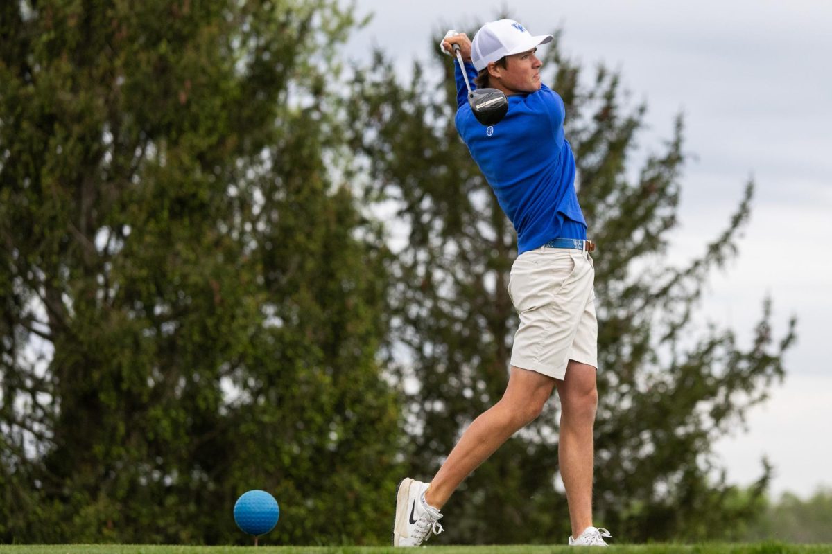 Kentucky golfer Cole Stockard tees off at hole 1 during the Bluegrass Collegiate Invitational on Monday, April 13, 2026, at the University Club of Kentucky in Lexington, Ky. Photo by Scout Tarquinio | Kentucky Kernel
