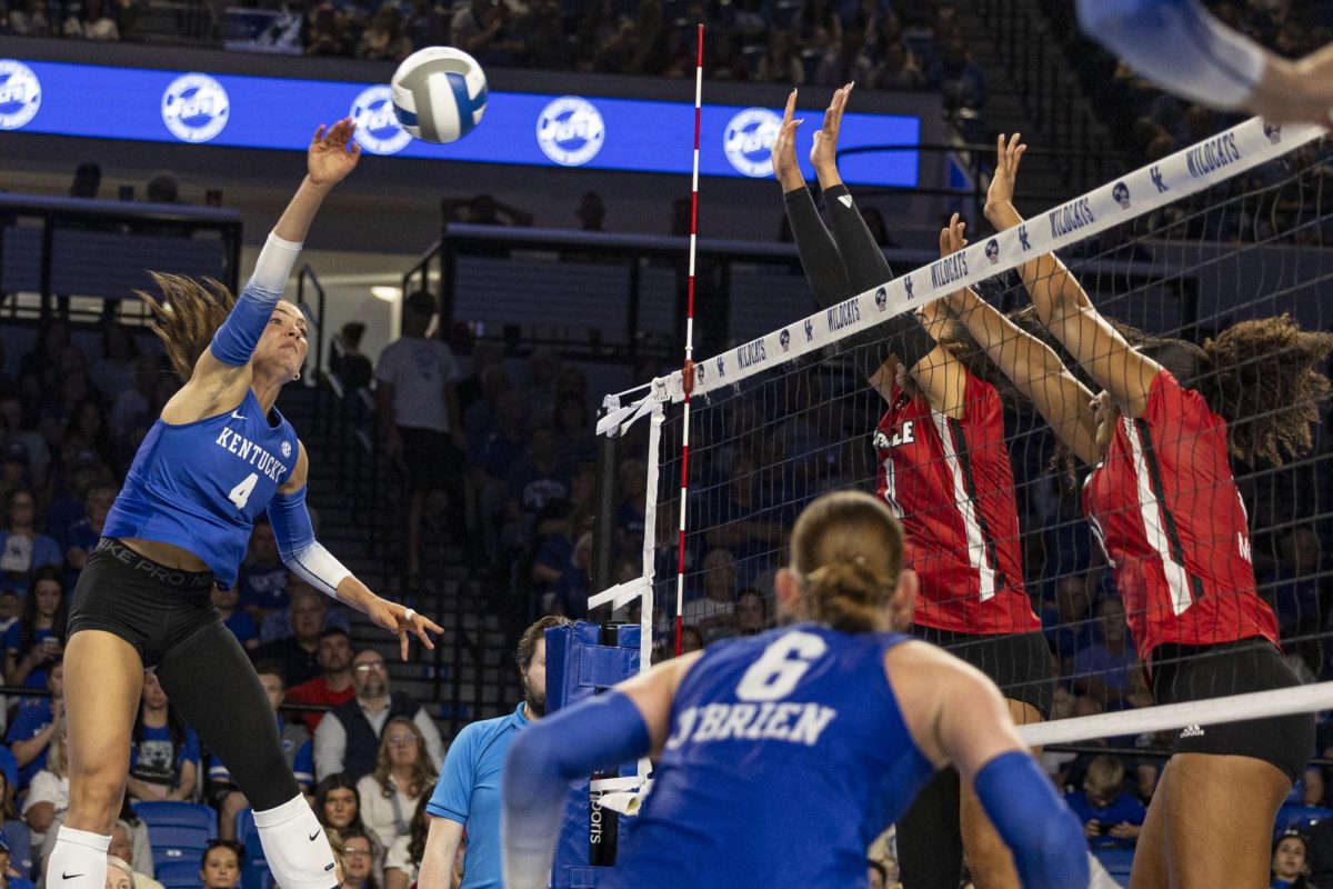 Kentucky outside hitter Bellamie Beus spikes the ball during the spring vollyball game Louisville on Friday, April 17, 2026, at Historic Memorial Coliseum in Lexington, Ky. Louisville won 3 to 1. Photo by Vincenzo Ciaramitaro | Kentucky Kernel
