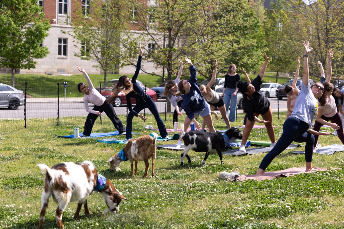 Students practice yoga with goats on the corner of Woodland and Hilltop Avenues at the University of Kentucky on Tuesday, April 21, 2026, in Lexington, Ky. Photo by Laura Ribeiro da Mata Silva | Kentucky Kernel