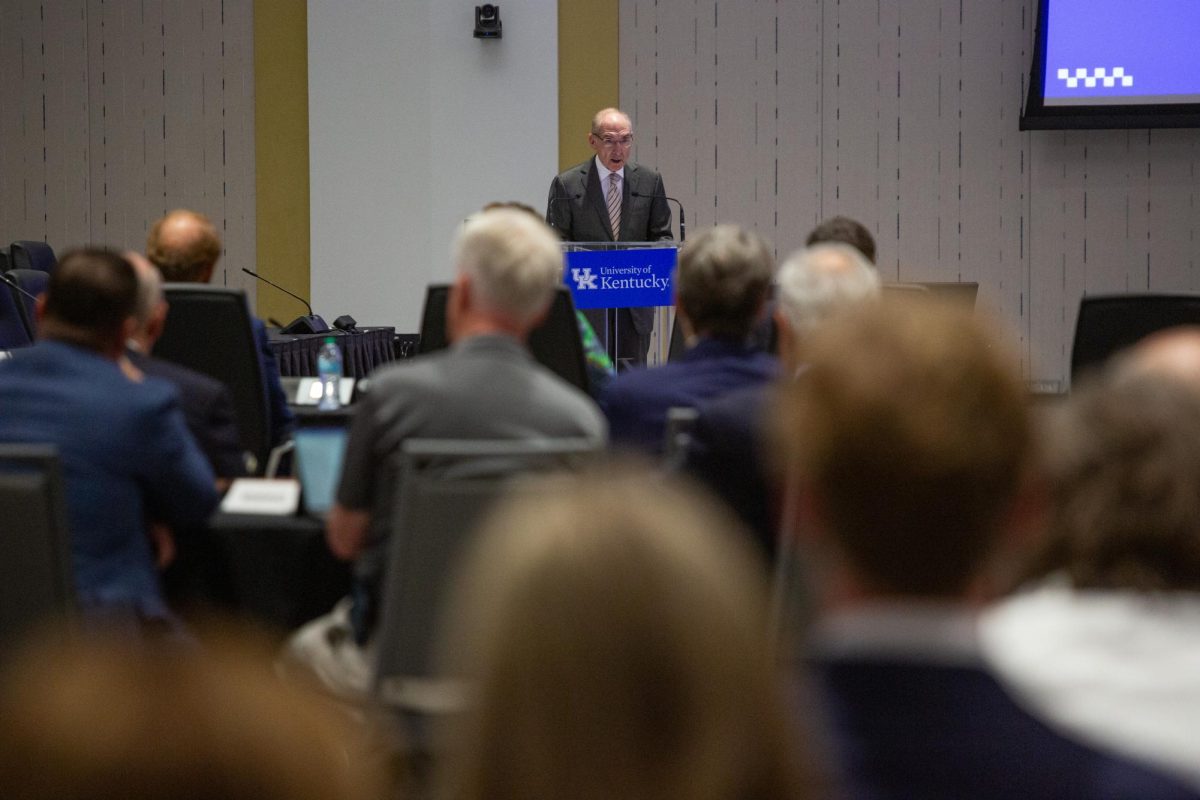 University of Kentucky President Eli Capilouto gives a report during the board of trustees meeting on Friday, April 24, 2026, at Gatton Student Center in Lexington, Ky. Photo by Scout Tarquinio | Kentucky Kernel